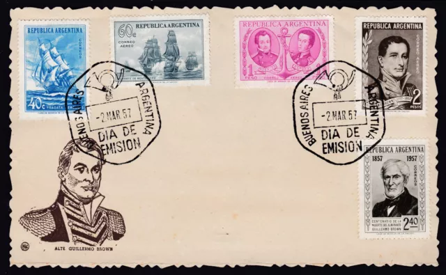 ARGENTINA 1957 First Day Postcard Set Mi 651/55 Anniv Admiral Guillermo Brown