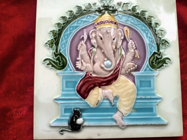 1 Piece Old Art God Ganesh Ji Design Embossed Majolica Ceramic Tiles Japan 0335 3