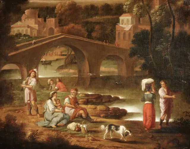17. Jahrhundert Italienischer Alter Meister Öl Auf Leinwand - Figuren In Der Flusslandschaft
