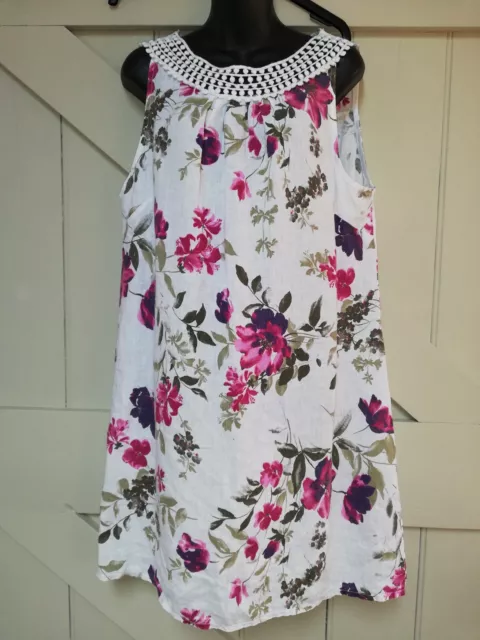 Beautiful Made In Italy Floral Linen Dress...14-16...Lagenlook..next Day Postage