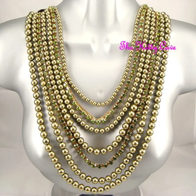 Olive Green Multi Layered Pearl Feature Statement Necklace w/ Swarovski Crystals