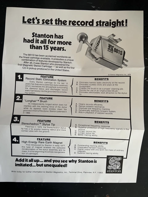 Vintage STANTON  881s Magnetics Corporation Turntable Cartridge Brochure