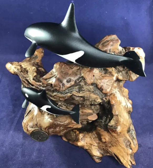 Large John Perry Studio Orca Killer Whale  Baby Burl Wood Art Sculpture Ocean
