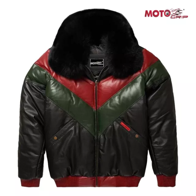 Men's V-Bomber Real Leather Jacket Red, Green & Black with Black Fox Fur Collar