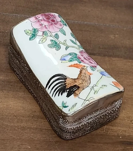Antique Chinese Porcelain Shard in Silver Box Rooster Flowers Floral Large