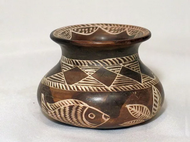 Pottery Bowl, Sgraffito Fish & Leaves, Signed C. Australian Indigenous Pottery