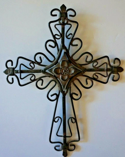 Vintage Handcrafted Ornate Cross Iron Metal Wall Hanging 8" x 6" Spiritual Image