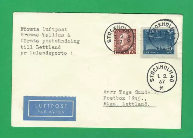 1937 STOCKHOLM Sweden First Flight Airmail Cover to RIGA Latvia 1604