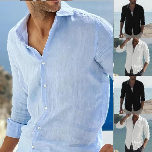 Camicia da UOMO Lino Slim Fit Bianca Celeste Beige Nero Manica Lunga Acquamarina