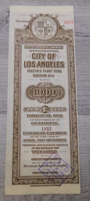 Vintage 1933 California City of Los Angeles Electric Plant Bond Election No 1498