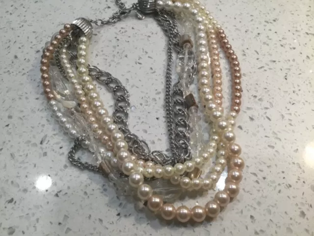 Signed Cookie Lee 6 Strand Faux Pearl Clear and Ab Beaded Necklace Chain