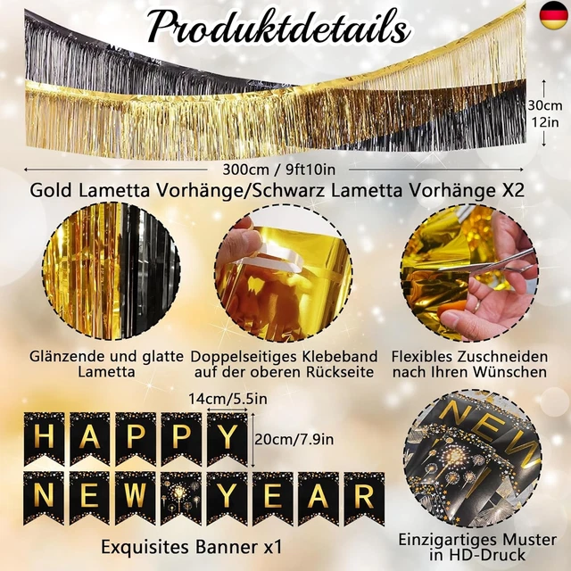 Silvester Deko Set 2026 – Schwarz-Gold Mit Happy New Year Banner, 2026 Folienballons, Pompoms & Regenvorhang Happy New Year Girlande