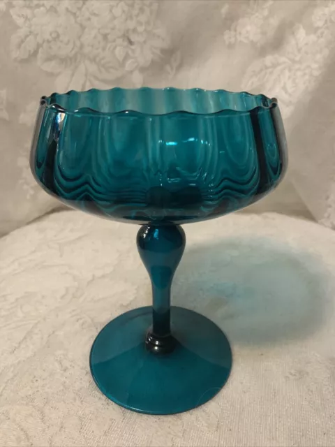 Vintage Teal Pedestal Compote Bowl Mid Century Mod Italian Empoli Optic Glass