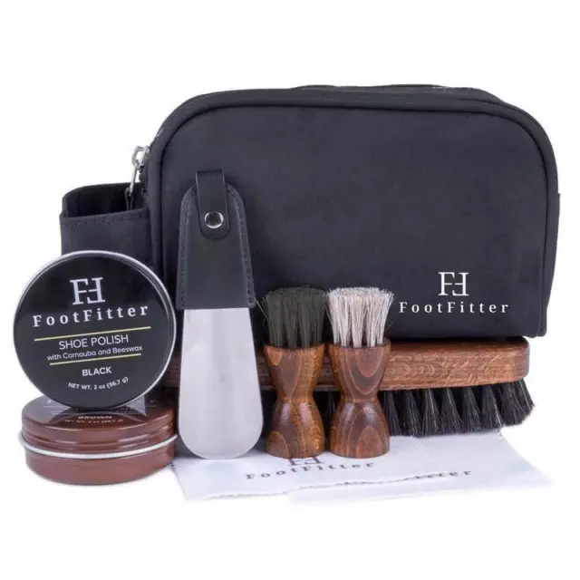 FootFitter Travel Shoe Care Kit - Premium Horsehair Shoe Shine Brushes & Polish