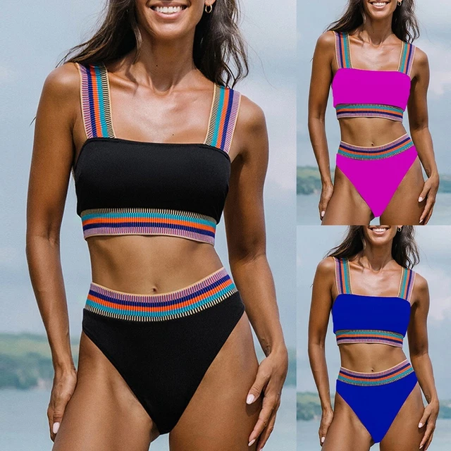 Costume da bagno donna costumi da bagno a costine lavorati a maglia estivi set bikini colore blocco