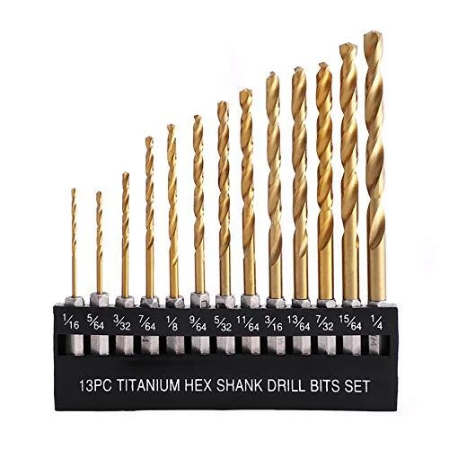 Titanium Twist Drill Bit Set - 13 Pcs Hex Shank High Speed Steel for 1 Pack