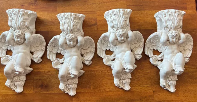 Fleur de lis Wall Sconce Angel Cherub Curtain Rod Holder Antique set of 4