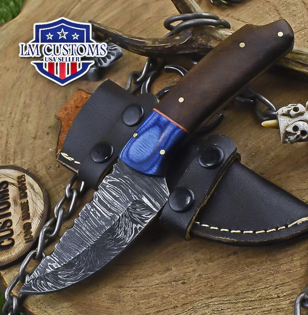 Hand Forged Knife USA Skinner Knife Fire Damascus Walnut Wood Wooden Bolster EDC