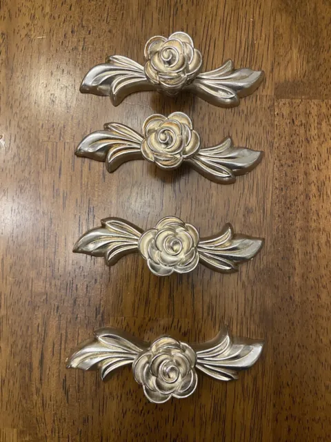 4  Silver Rose Flower Knobs Dresser Cabinet Pull Handles Art Nouveau Shabby Chic