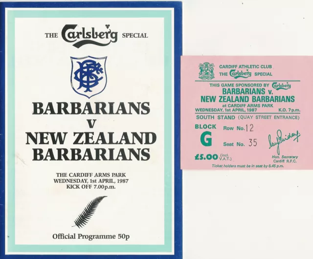 NEW ZEALAND BARBARIANS v BARBARIANS 1987 RUGBY PROGRAMME & TICKET