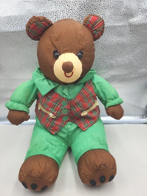 Brown Bear Nylon Plush International Silver Puffalump 15" Plaid Vest Ears Green