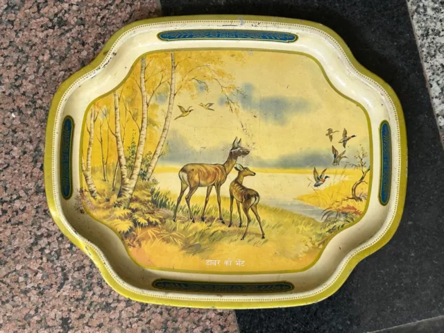 Old Vintage Beautiful Deer Litho Print Dabar Ki Bhat Food Serving Iron Tin Tray