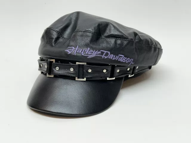 HARLEY DAVIDSON HAT Cap Adult Black Leather Newsboy Purple Logo Chain ...
