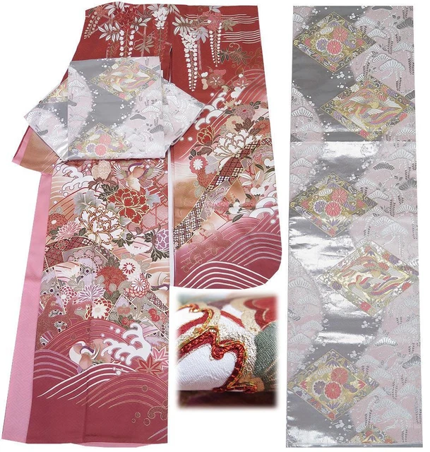 Kimono & Obi set dull light wine color long sleeves Japanese furisode belt #24