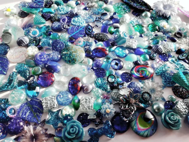 20-120+pcs Mixed Embellishments Cabochons Shapes XL Assorted Blue Craft Card Lux