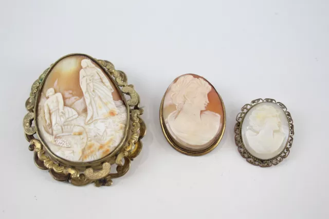 Antique Shell Cameo Brooches Victorian Religious Ornate Ladies Profile x 3