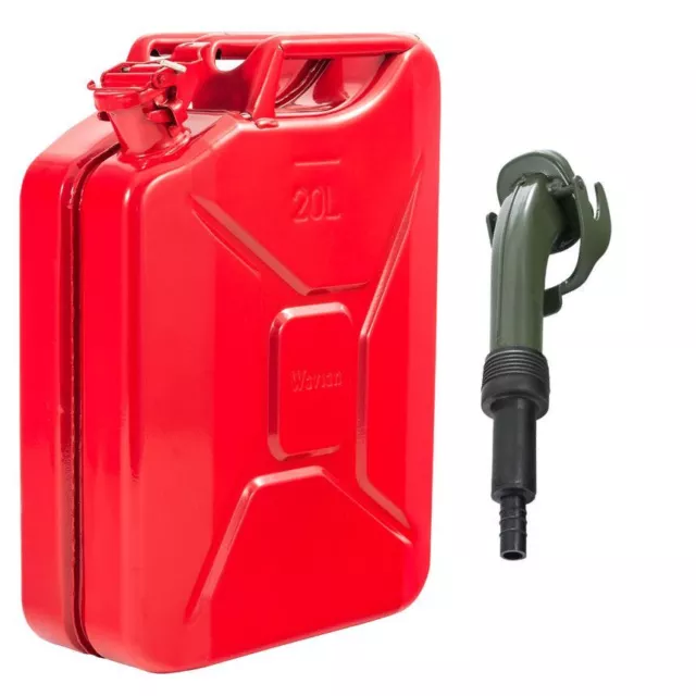 20L Metal Fuel Jerry Can & Spout (Red) - Diesel / Petrol / Oil / Water / Gas