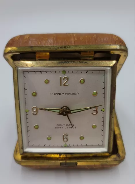 Vintage Phinney-Walker Folding Travel Alarm Clock Antique 8Days 7Jewels Germany