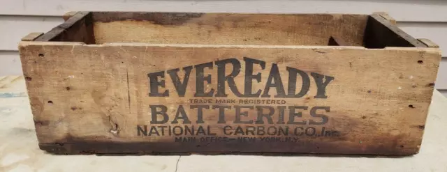 Antique Eveready Batteries Wood Crate Wooden Box National Carbon Co. Vtg