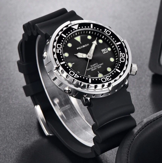 MENS FOXBOX TUNA QUARTZ 50M DIVERS WATCH Black with silicone strap BNIB