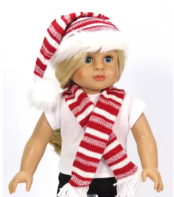 Holiday, Red & White Striped Christmas Santa Hat & Scarf,  for 15-18 Inch Dolls