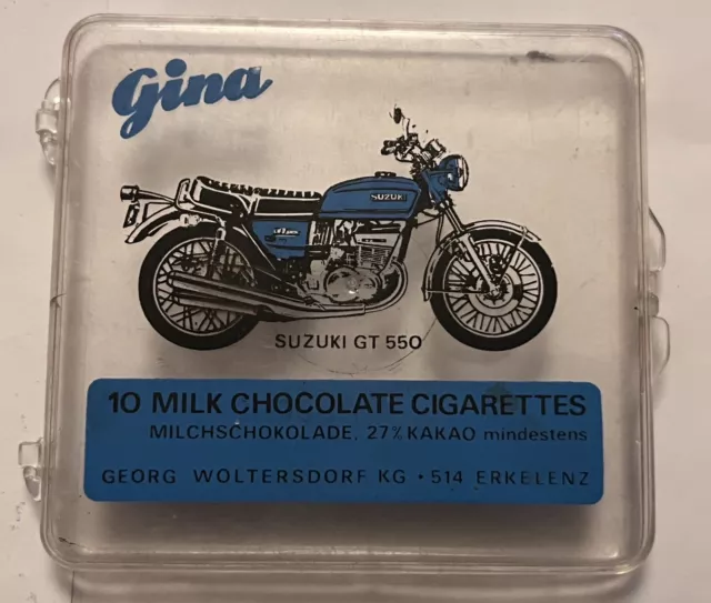 Vintage Dose Schokoladen Zigaretten Sammel Motiv Motorrad Gina Suzuki GT 550