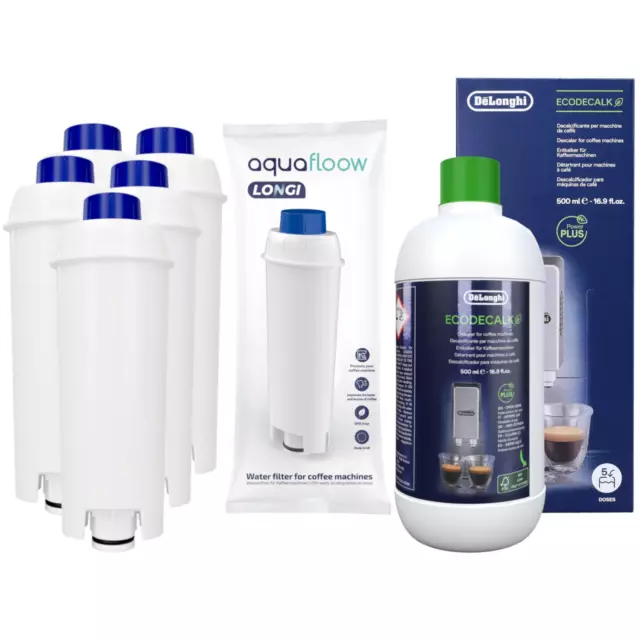 5x Filtre d'eau AquaFloow et Détartrant DeLonghi Ecodecalk 500ml