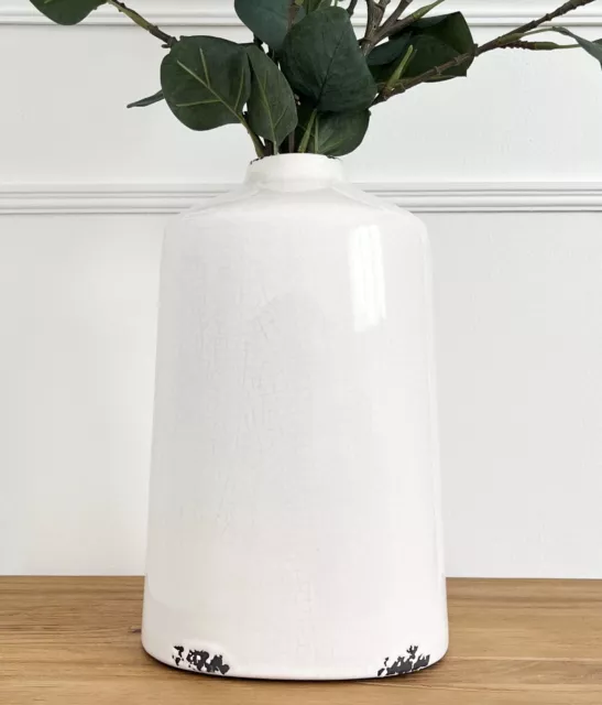 Tall Glazed Vase Distressed Bottle-Neck, Flower, Neutral, Rustic, White, Crackle