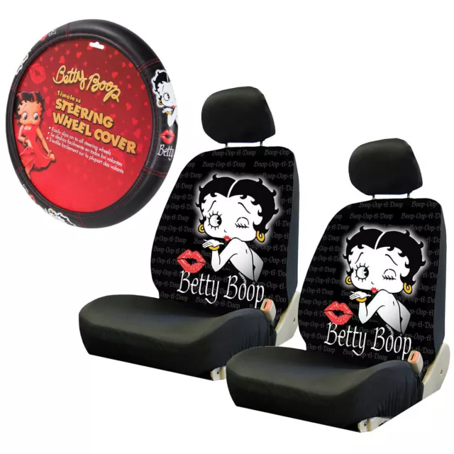 New Betty Boop Kiss Red Lips Car Truck 2 Front Seat Covers Steering Wheel Cover
