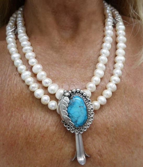 Rare Gem Grade Morenci Turquoise And Baroque Pearl Necklace  Sterling Clasp 5Oz