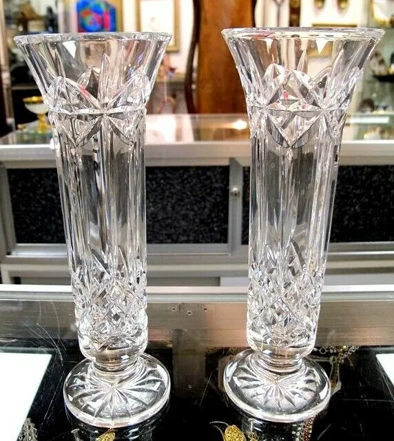 WATERFORD Pair 9" Bud Vases Signed & Mint 1980's