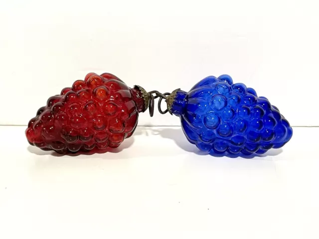 Two Vintage Glass Kugel Style Ornaments, Cobalt Blue & Red, Embossed Brass Caps