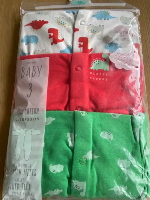 Baby Boys colourful Dinosaur Babygrows Sleepsuits 3 Pack 3-6 months New