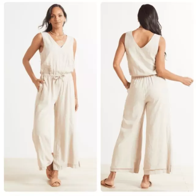 Splendid Linen Blend Kali Beige Drawstring Wide Leg Jumpsuit Sz S Neutral 2