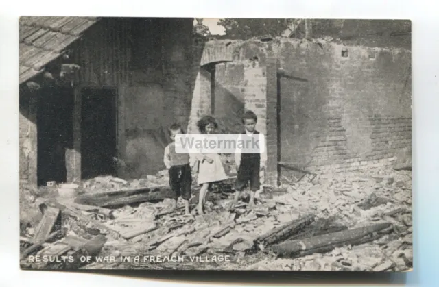 Results of War in a French Village, children & rubble - First World War postcard