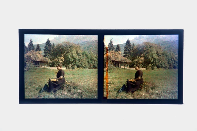 Autochrome Stereo Glass Plate 6X13 Azure Side Women In A Pre