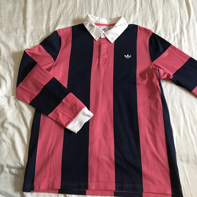 Polo da rugby a maniche lunghe Adidas rosa a righe blu navy in perfette condizioni taglia L