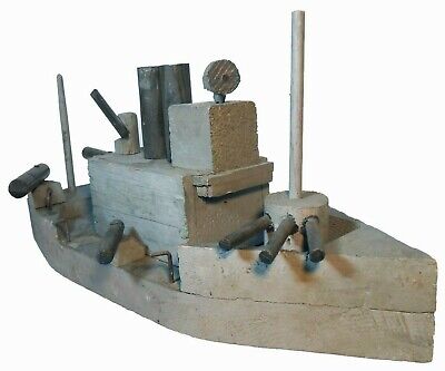 Wwi Era American Folk Art Antique Hnd Pntd Wood Battleship, W/Stacks/Gun Turrets