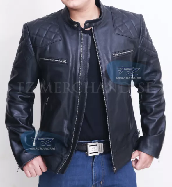 Mens David Black Motorcycle Brando Real Leather Biker Racer Jacket - All Sizes