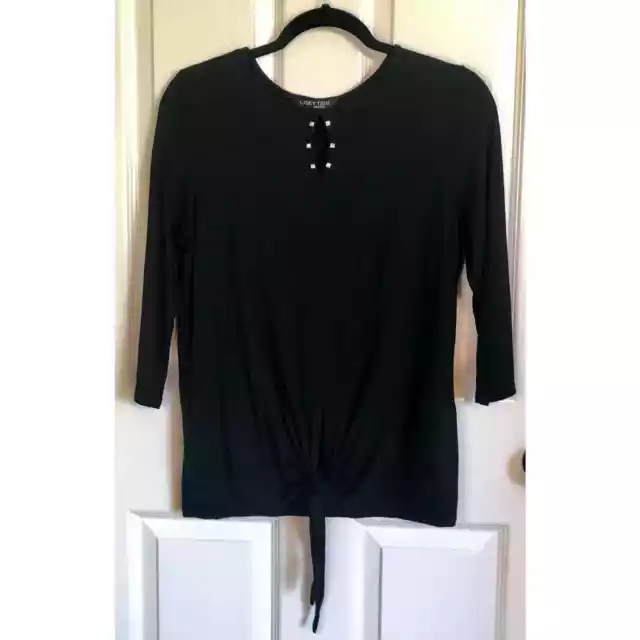 Lisette L Black Knit 3/4 Sleeve Shirt with Rhinestone Detail & Tie Front - Small